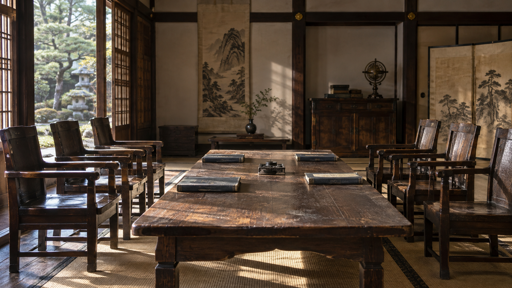 Imagined room with desks and chairs for reading historical material