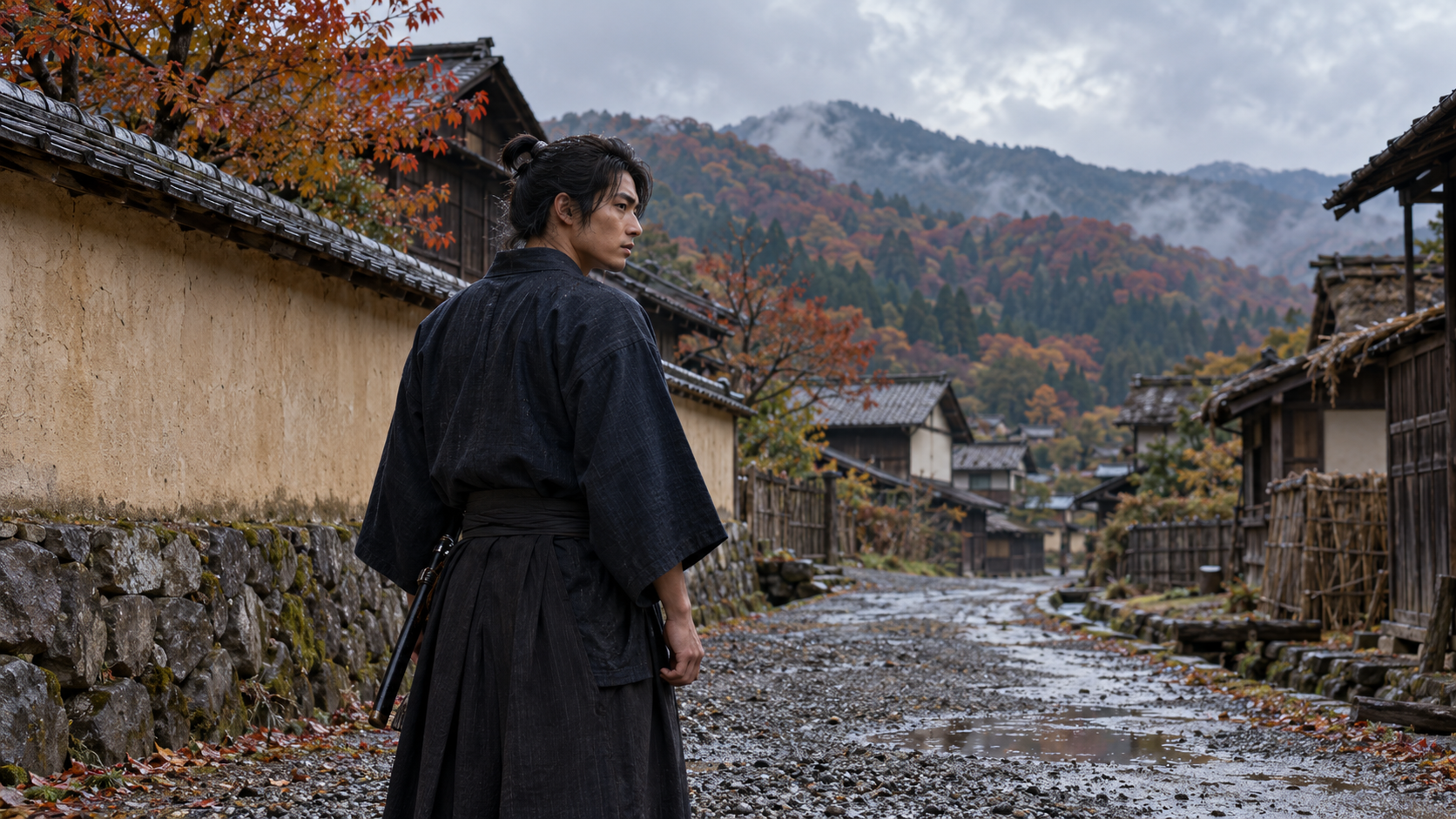 山あいの木造集落で振り返る、納刀した匿名の和装男性の創作情景