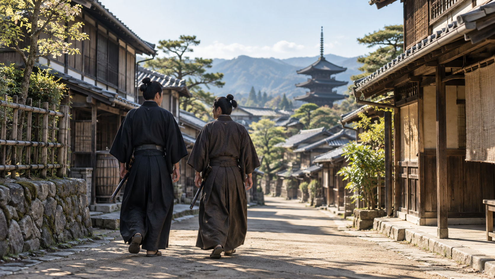 遠くに塔が見える木造の街路を歩く匿名の侍二人の創作景観