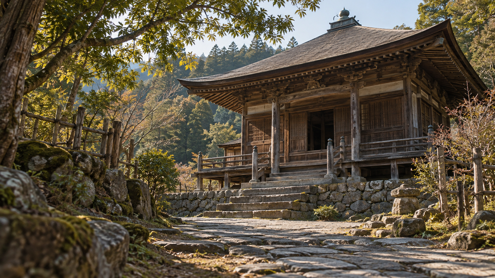 木々に囲まれ、石段の先に立つ木造寺院の創作景観