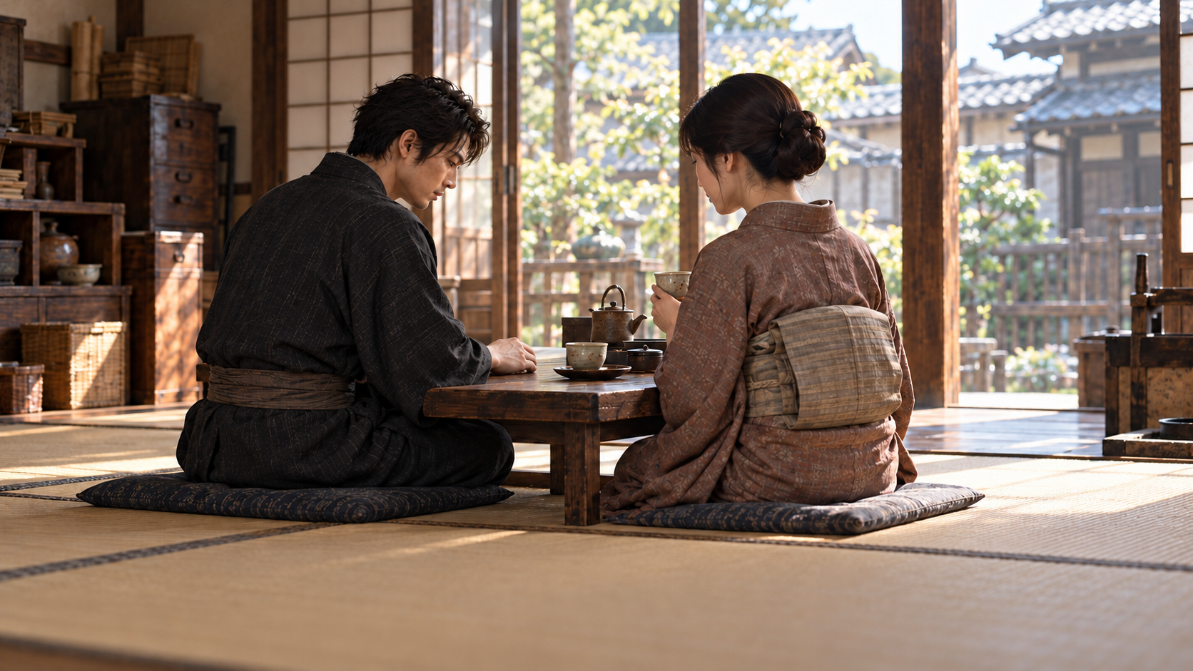 畳の部屋で低い卓を囲んで座る匿名の成人男女一組の創作情景
