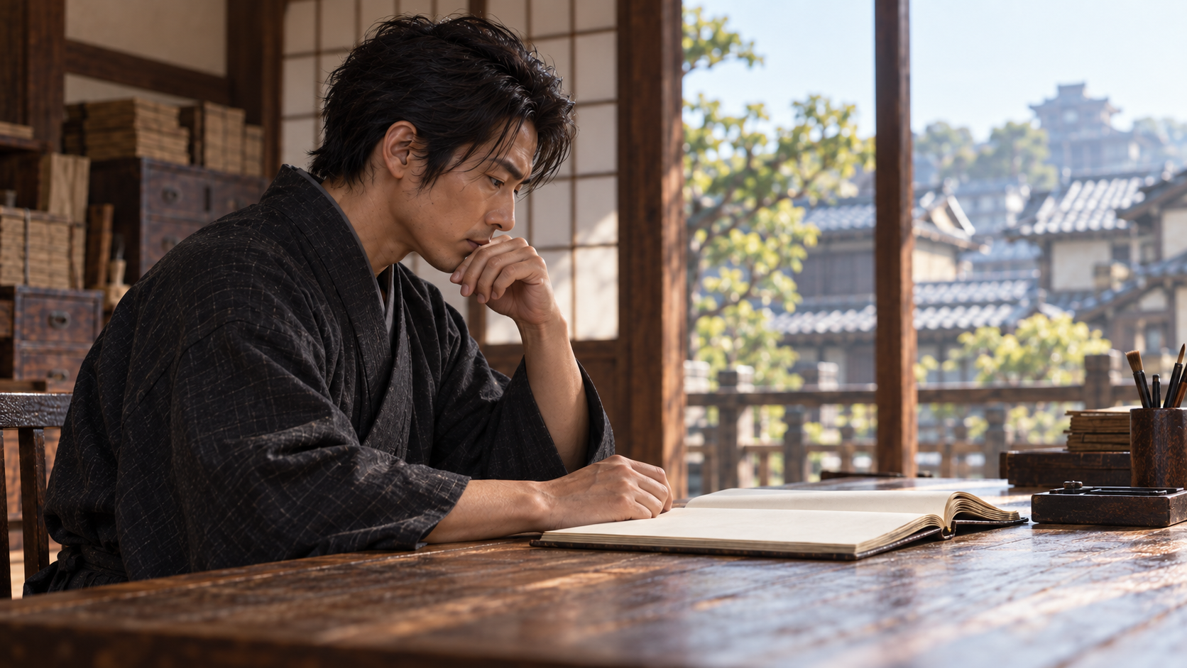 木机の無地の帳面を前に筆を持つ匿名の短髪男性の創作情景