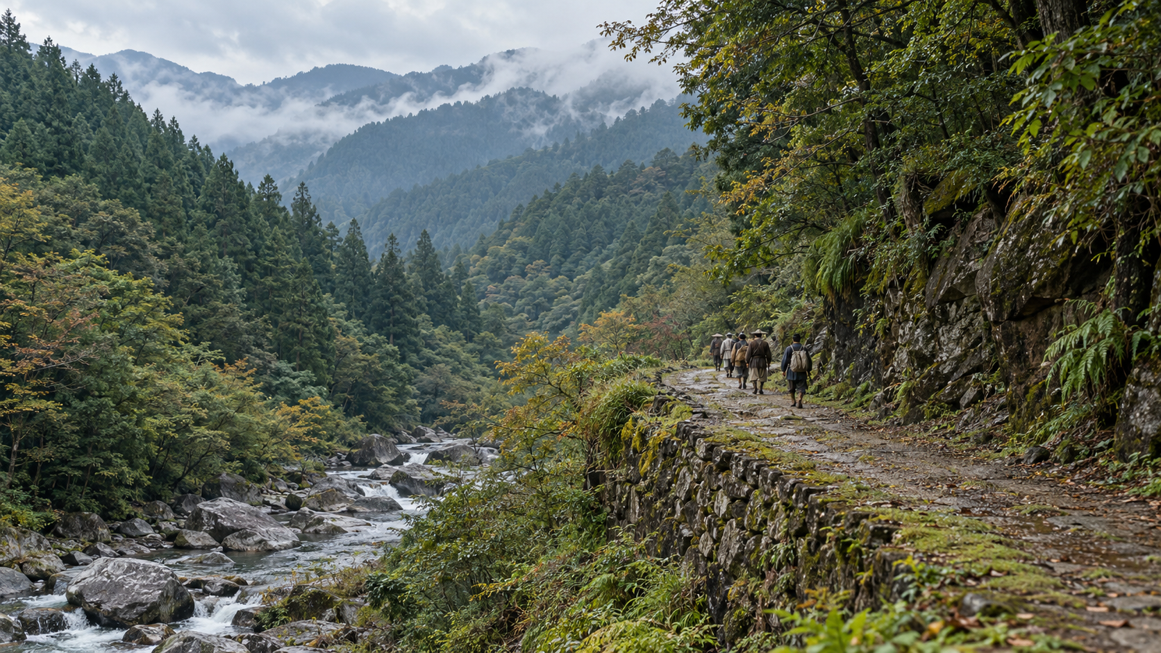 山と川に沿う道を遠くの旅人が歩く創作景観