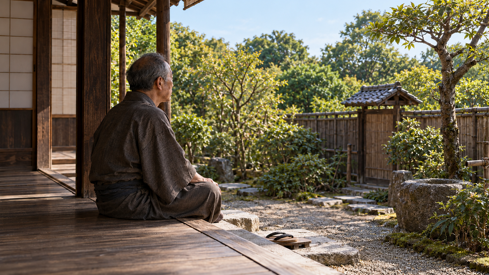 庭に面した木の縁に座る白髪交じりの匿名男性の創作情景