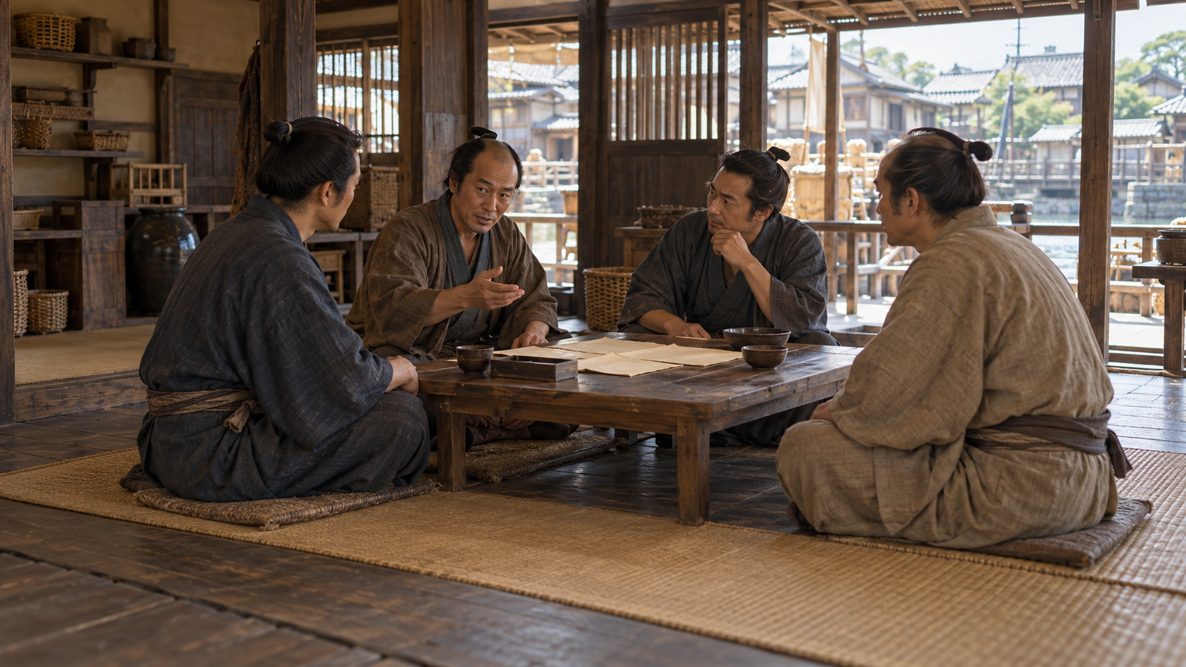 屋内で話し合う匿名の商人たちの創作情景