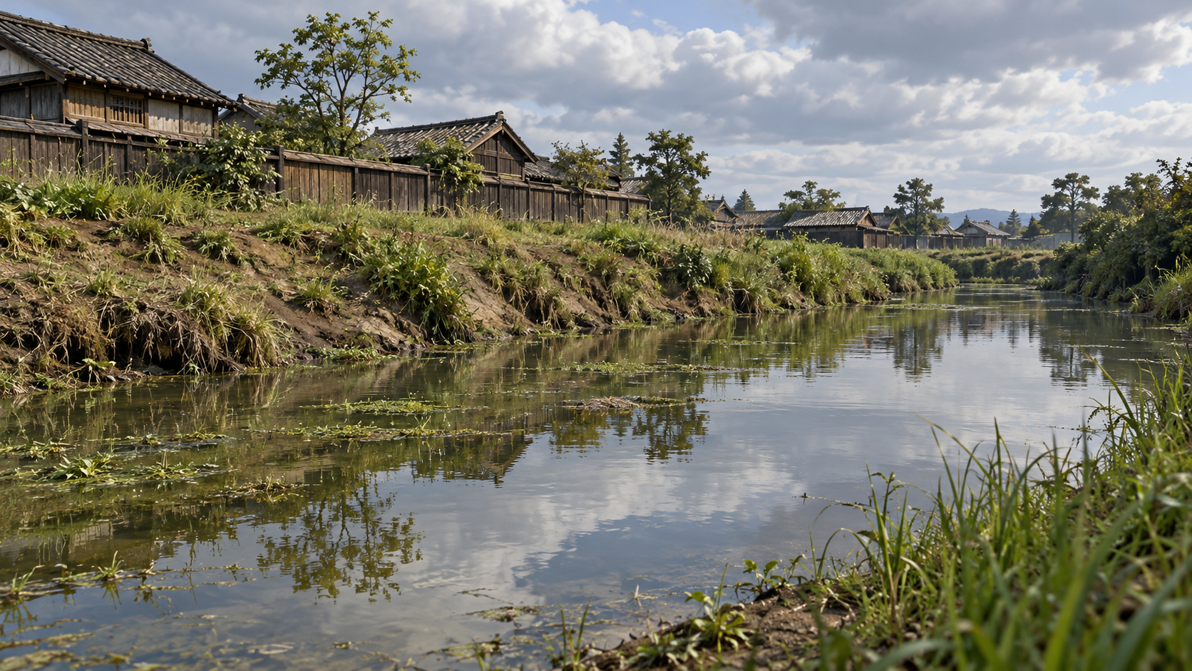 土の岸と家屋に沿って延びる濠の創作情景
