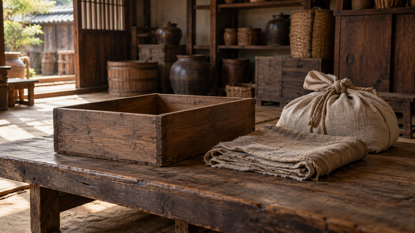 木箱と布包みを置いた倉庫内の創作情景