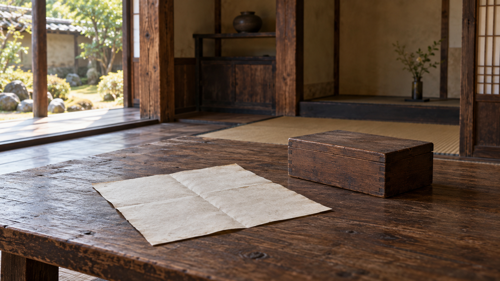 無地の紙と木箱を置いた部屋の創作情景
