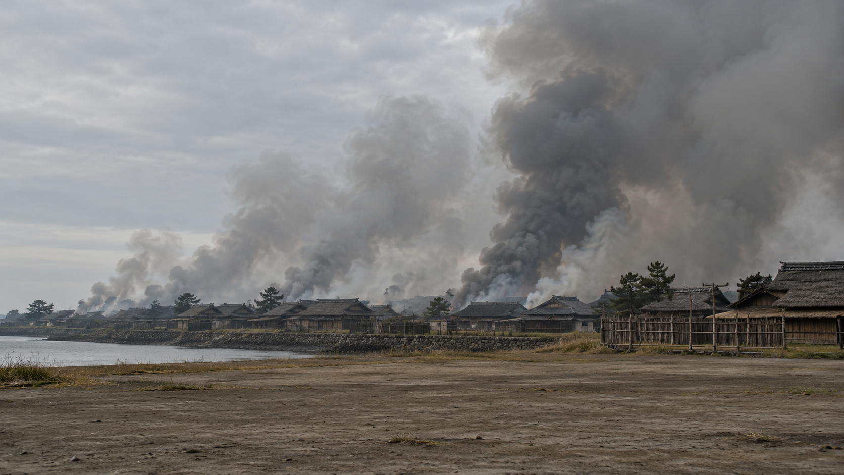 遠方に煙が上がる架空の町の創作情景