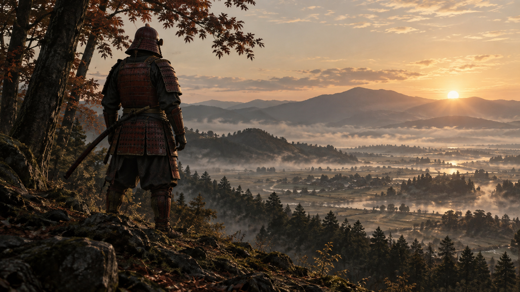 丘の上に立つ匿名の鎧武者を後ろから描いた概念情景