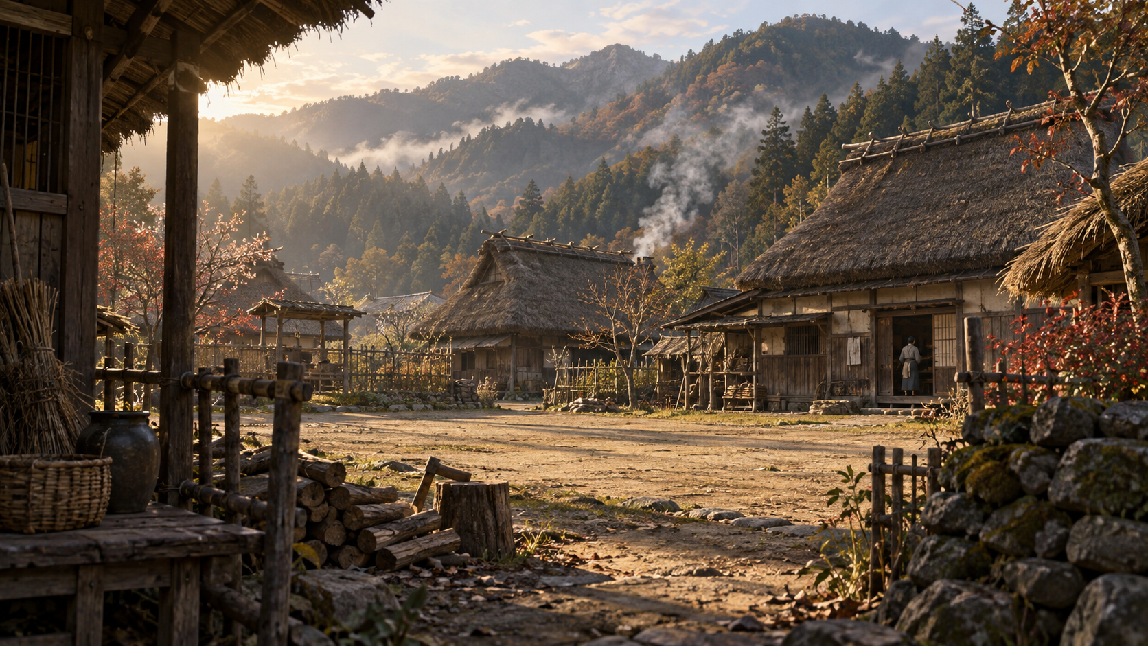 山村の静かな庭と家屋の概念情景