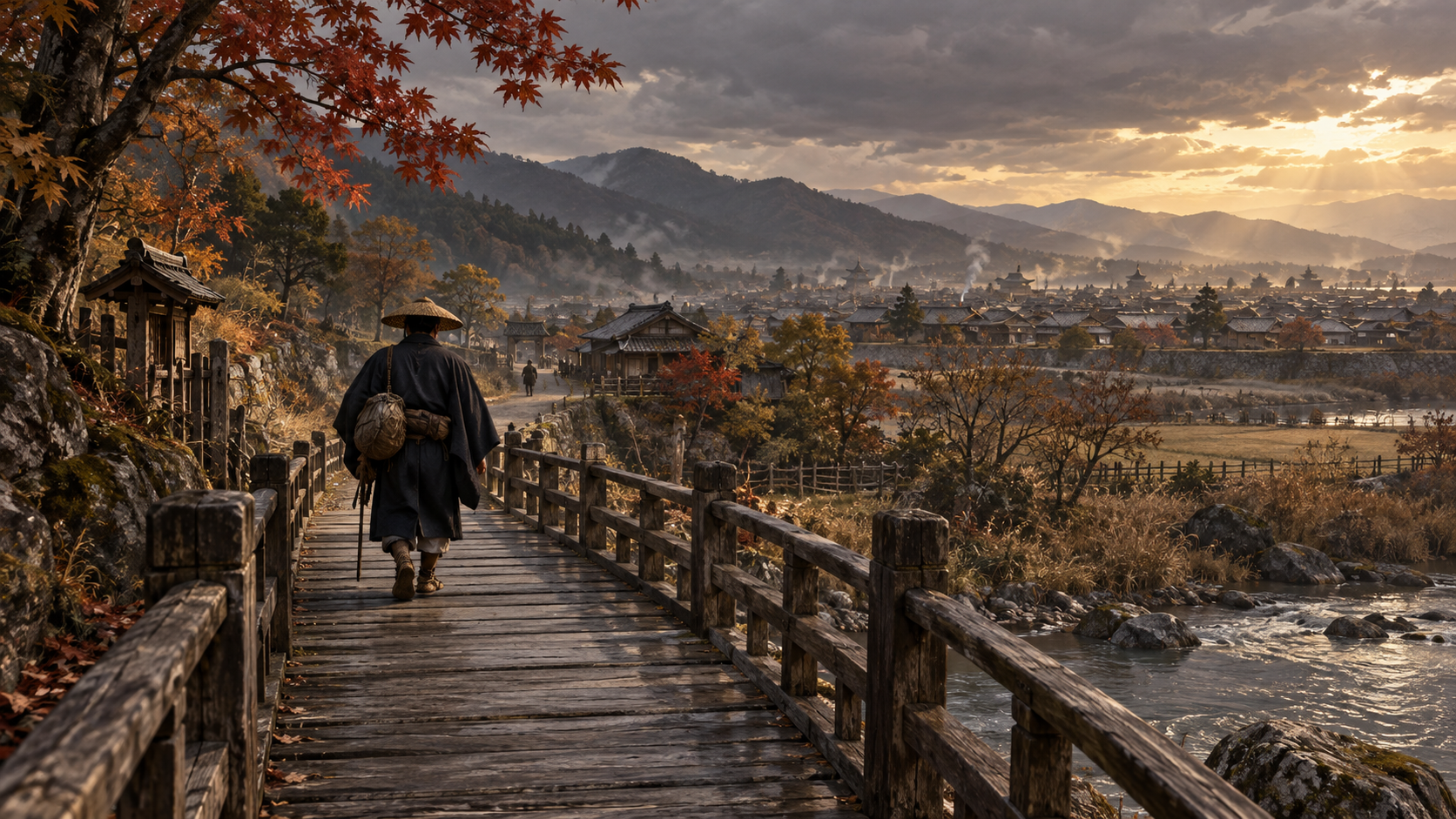 木の橋を渡る匿名の旅人の概念情景