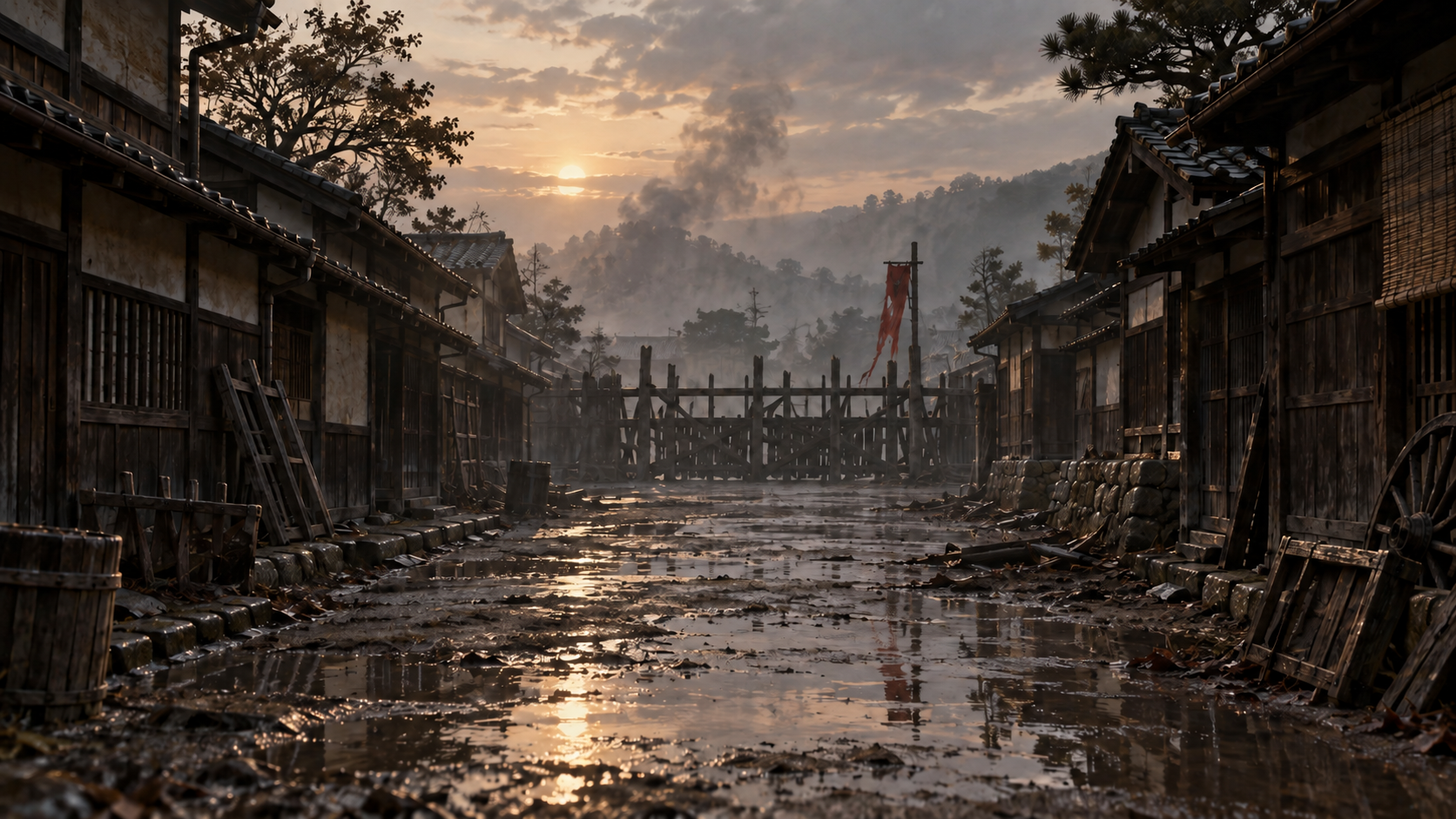 煙が漂う無人の町路と木の柵の概念情景