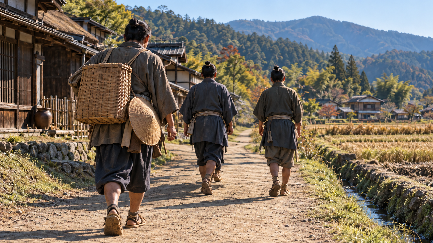 山沿いの木造家屋の道を歩く匿名の大人三人の後ろ姿の創作情景