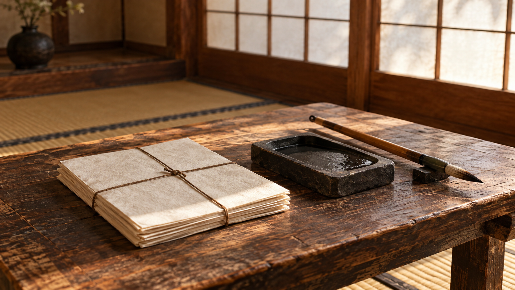 木の机に置かれた無文字の紙束と硯、筆の創作静物