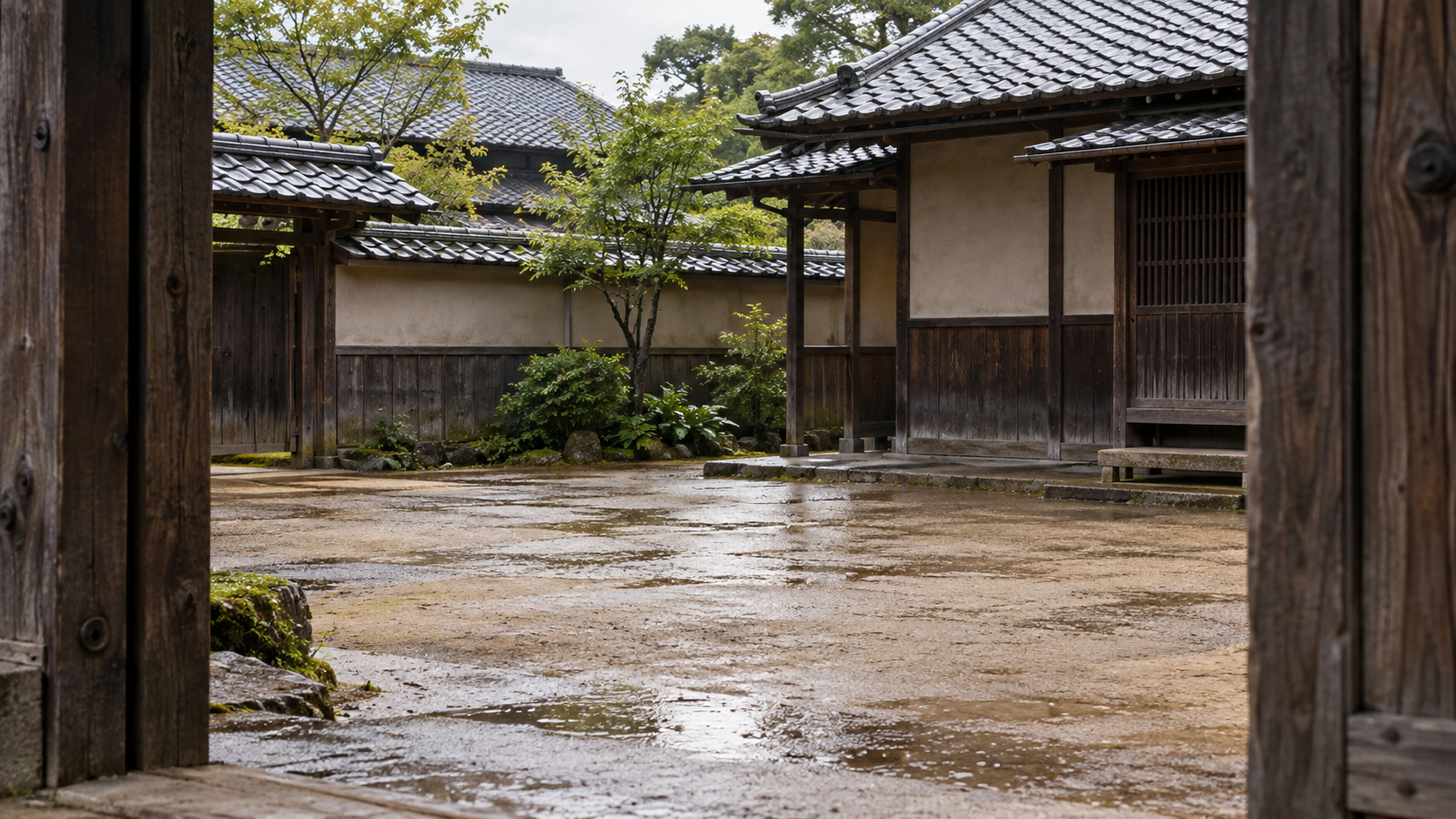 木の門の内側から土の庭と建物を見る創作景観