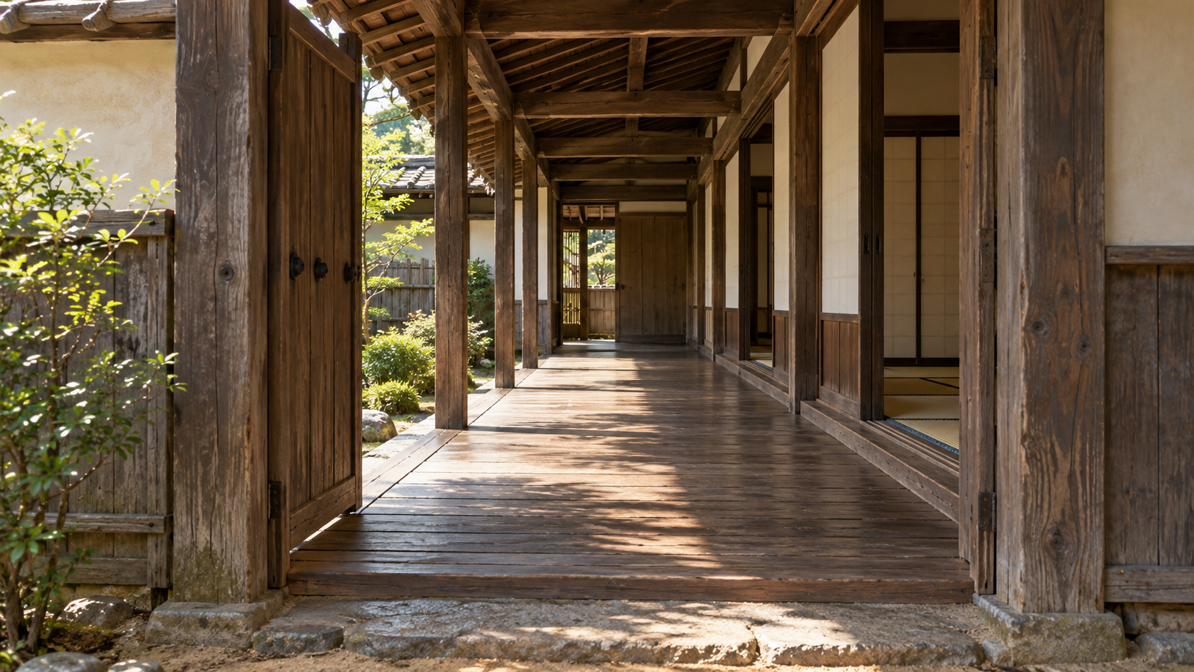 木造建物の縁側が奥へ続く創作景観
