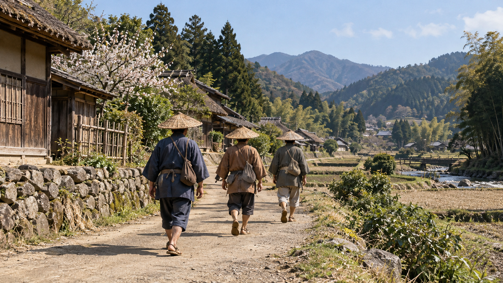 山沿いの道を笠をかぶって歩く匿名の大人三人の創作情景
