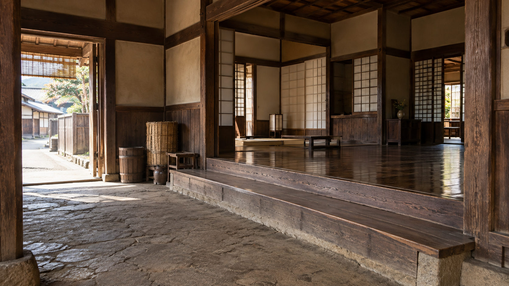 木造建物の土間から板敷きの室内を見る創作景観
