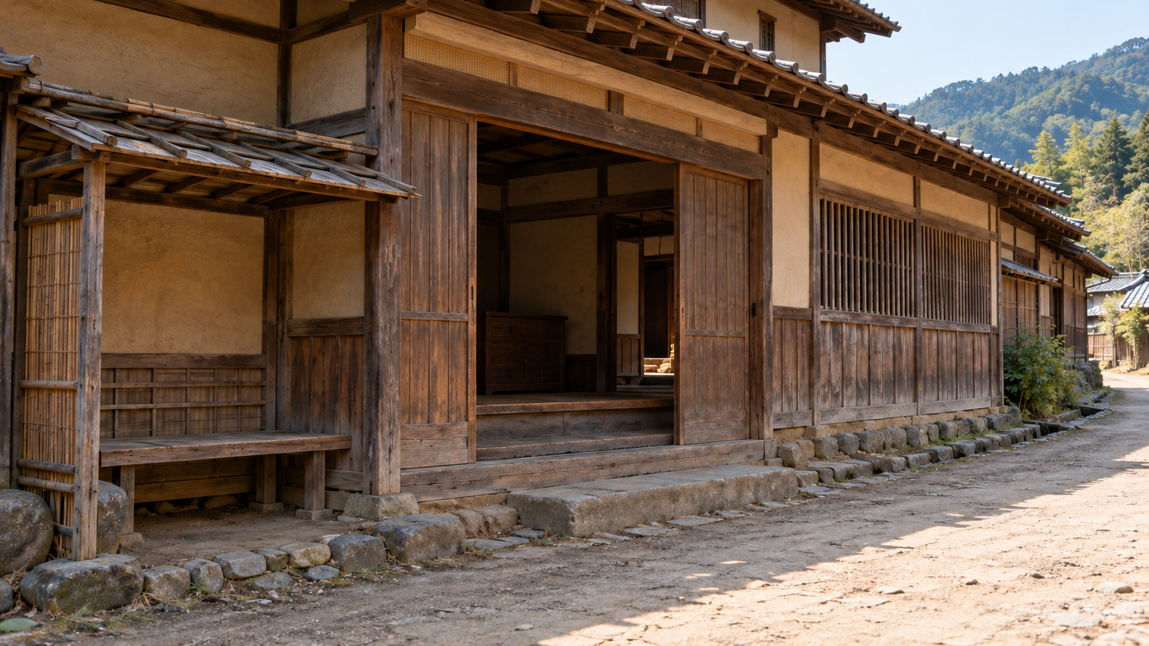 道沿いの木造建物と入口を描いた創作景観