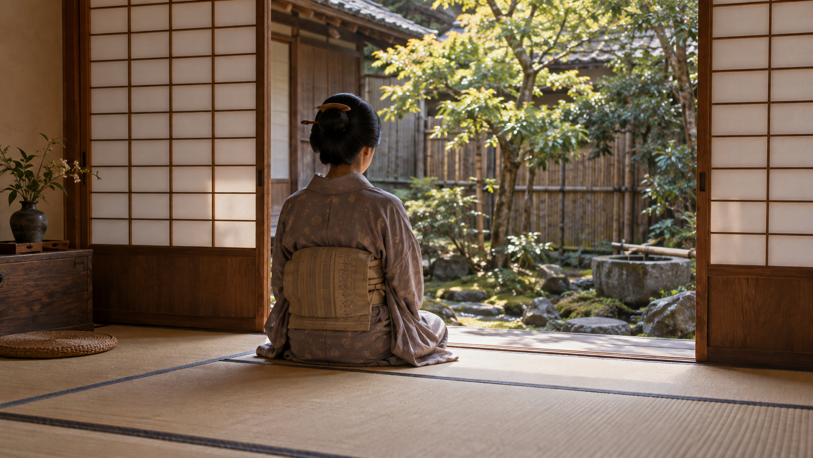 庭に面した畳の部屋に座る匿名女性の後ろ姿の創作情景