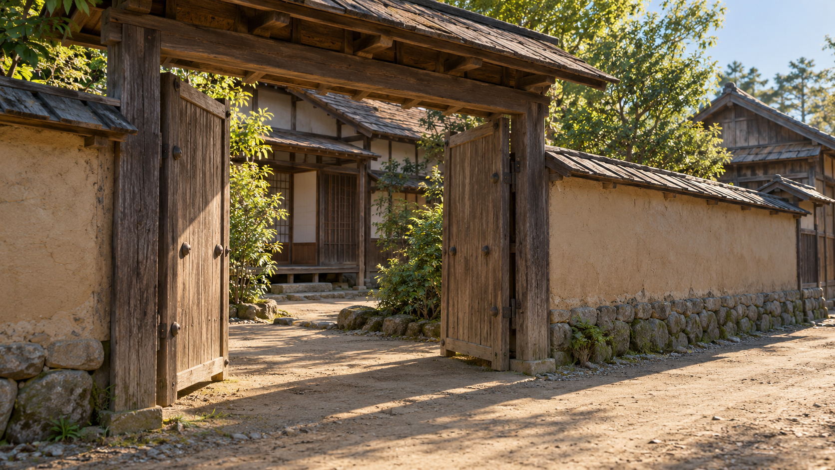 道に面した木の門と塀の創作景観