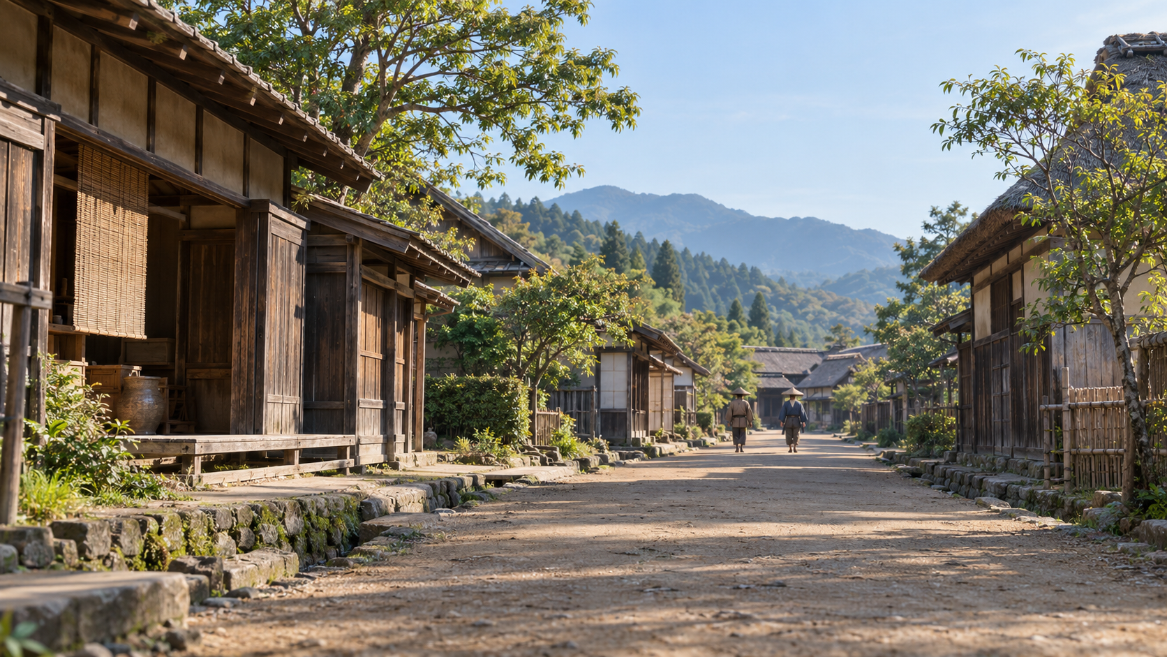 木造家屋の続く道と奥を歩く匿名人物の創作景観