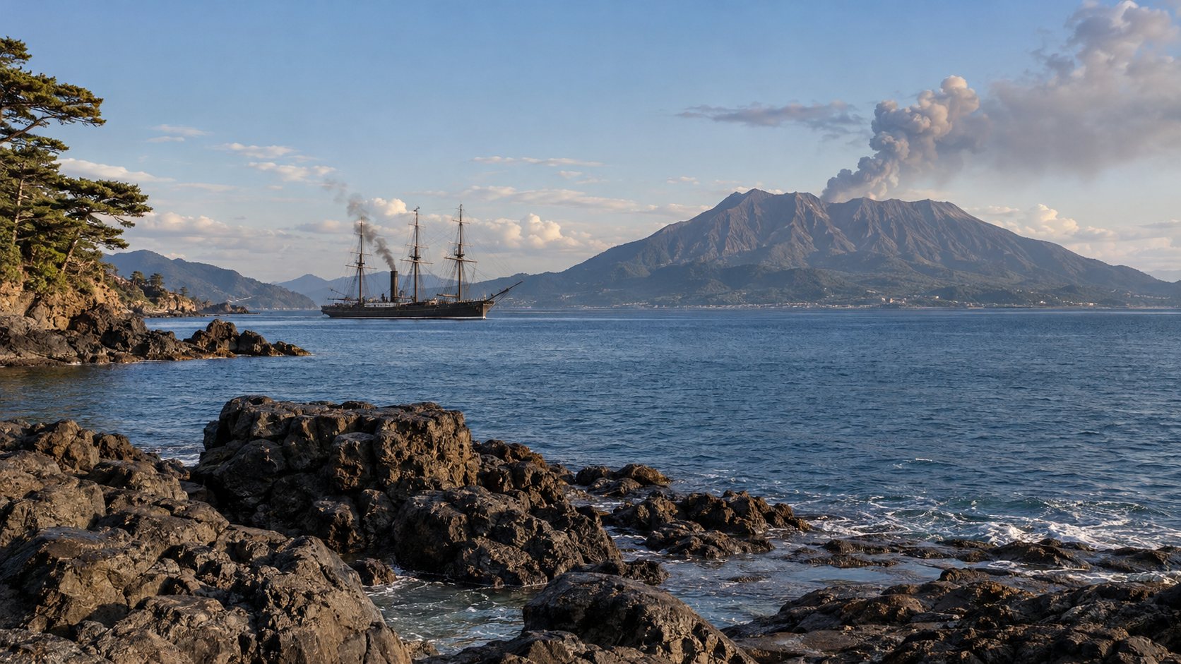 湾と木造帆装汽船の生成情景。実艦・実景・1863年の噴火を証明する画像ではない