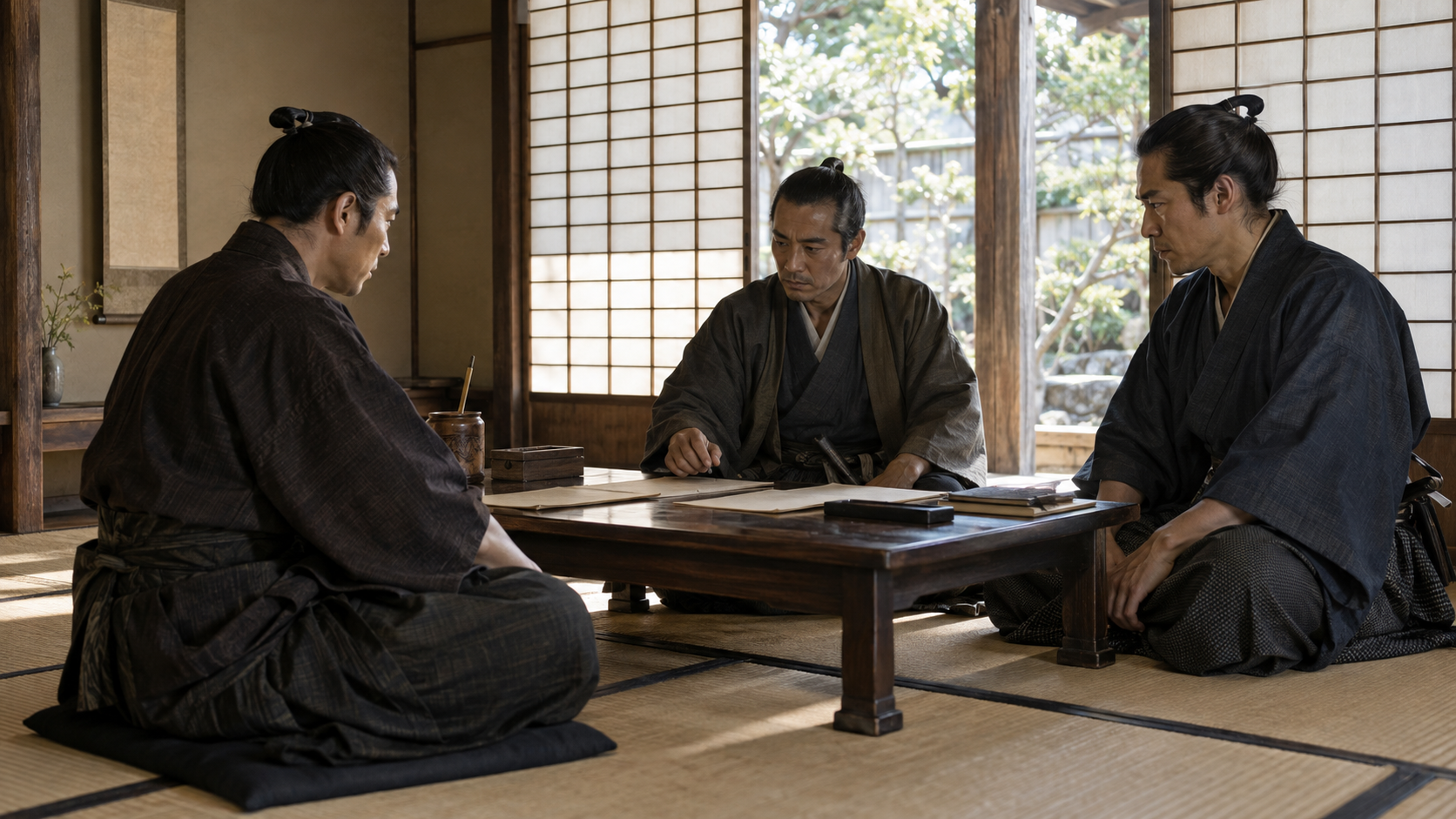 相談する架空の武士。久光や忠義の真正肖像ではない
