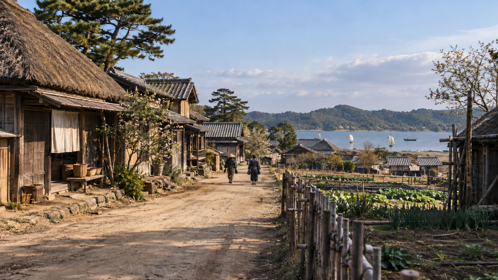 街道沿いの架空の村。事件当日の生麦村の実景ではない
