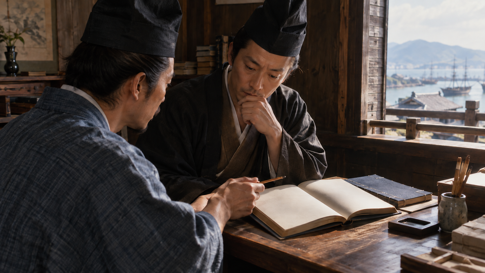 書物を読む架空の学者。実在の翻訳者や技術書の複製ではない