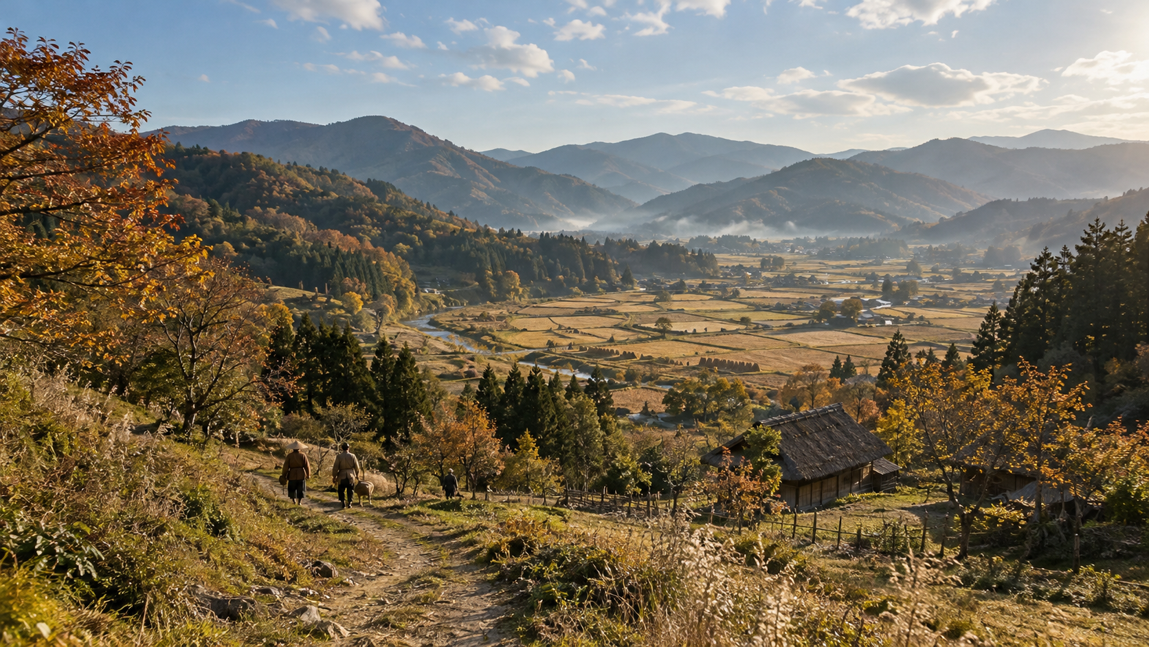 収穫後の田畑と山並みが広がる架空の秋の盆地