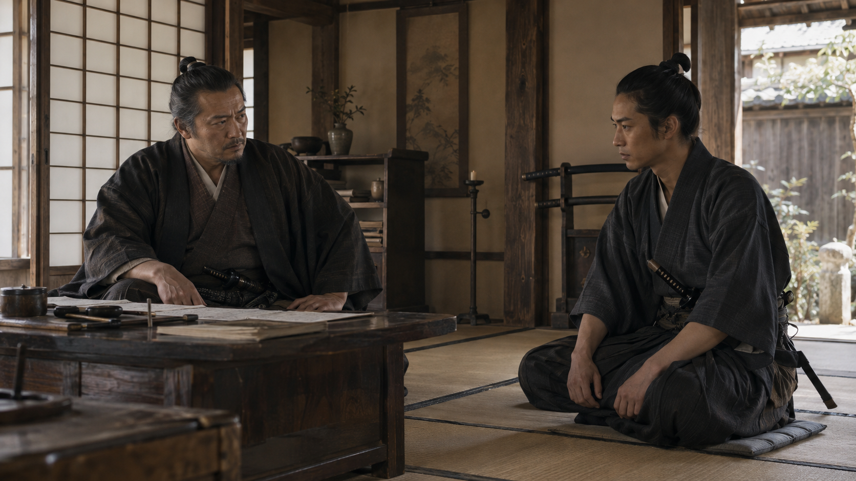 文書を置いた机を挟んで座る二人の架空の武士。初期の共同指導を表す創作再構成