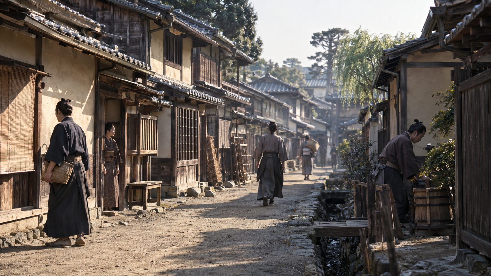 木造の家々と人々が並ぶ壬生を想起した町並みの創作再構成