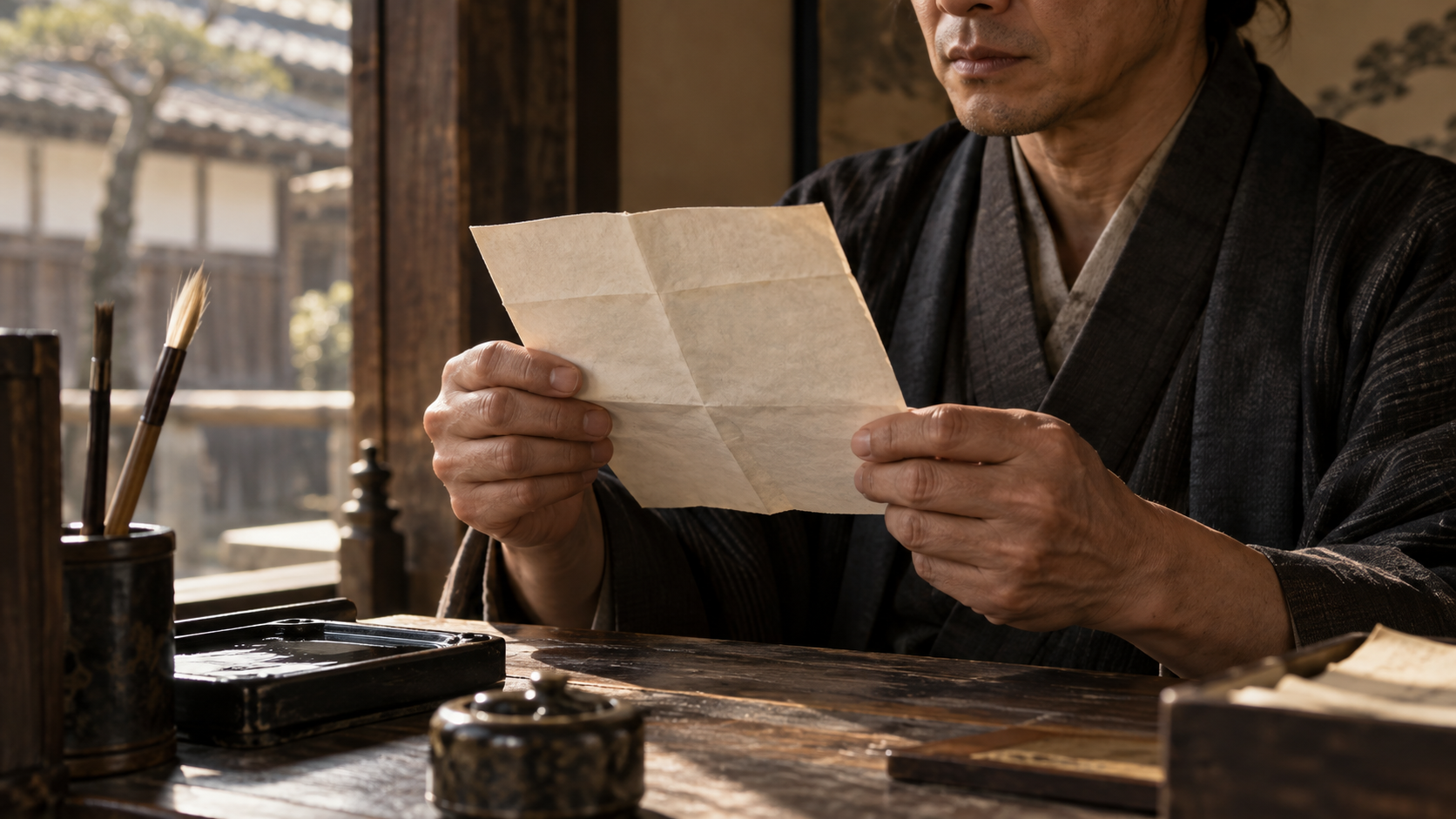 無地の紙を読む架空の武士。現存書簡や近藤の肖像を複製した画像ではない