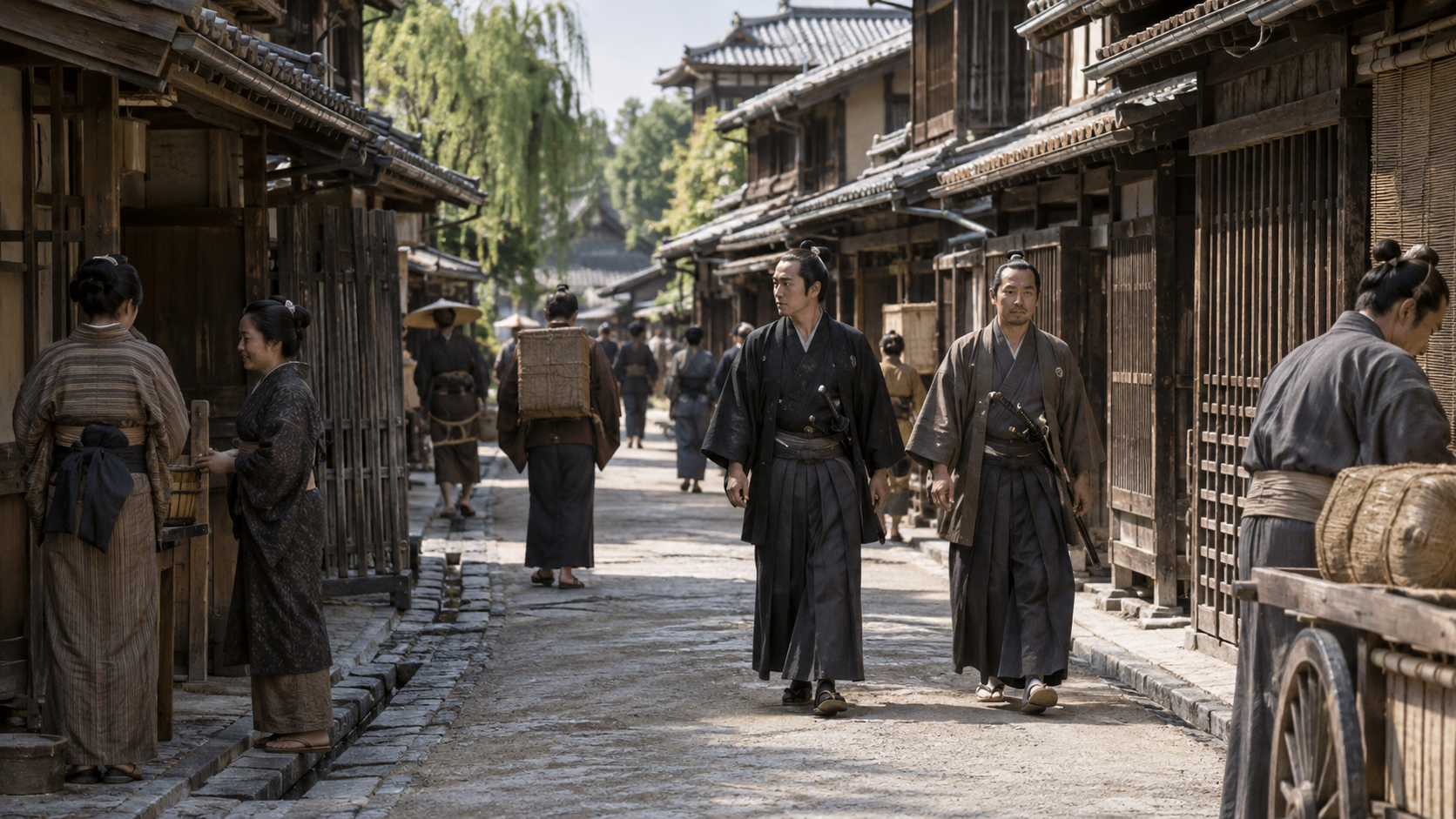 町を歩く武士や住民を描いた幕末京都の創作情景