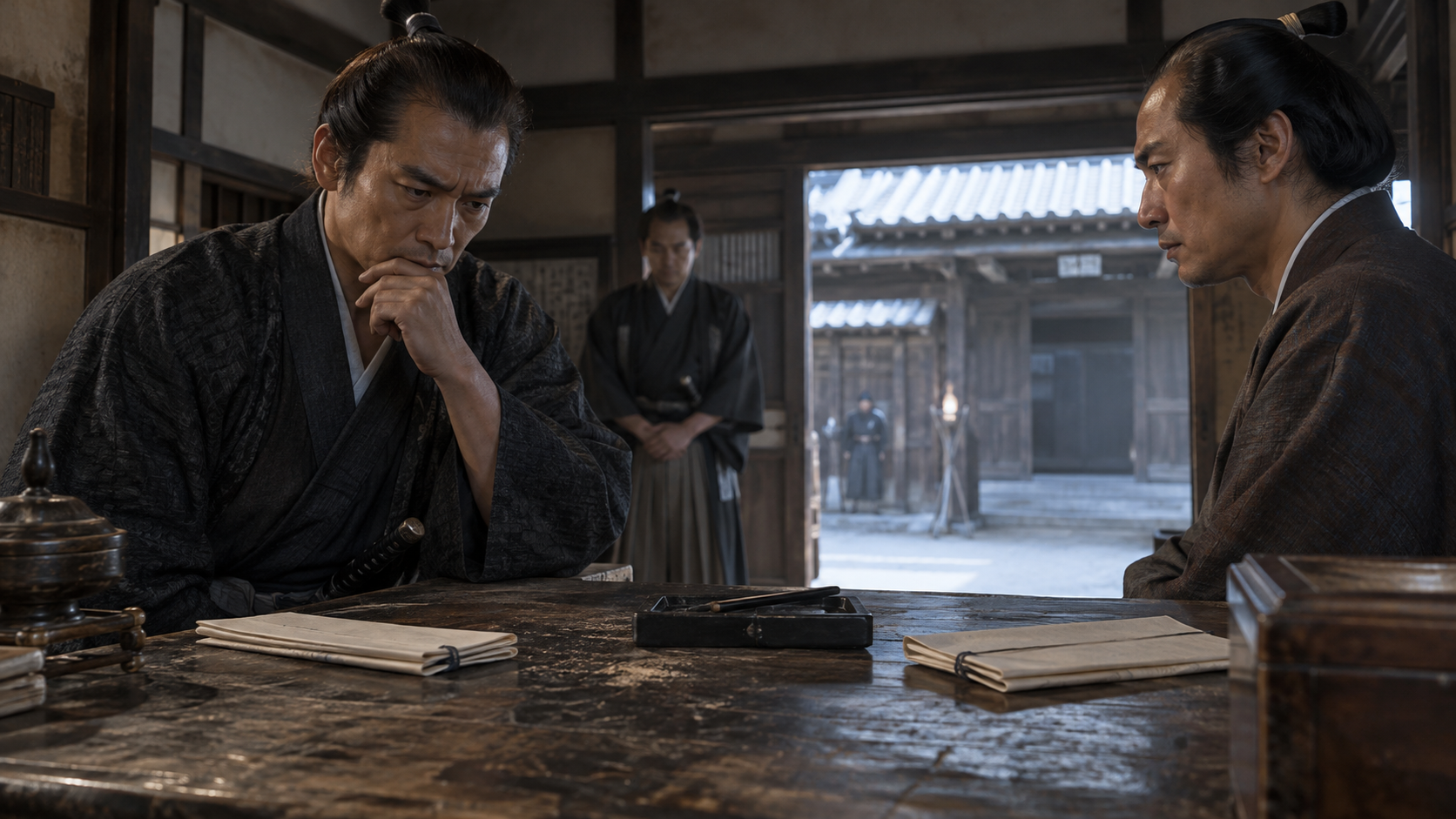 机の文書を前に向かい合う架空の武士たち。報告を検討する概念表現