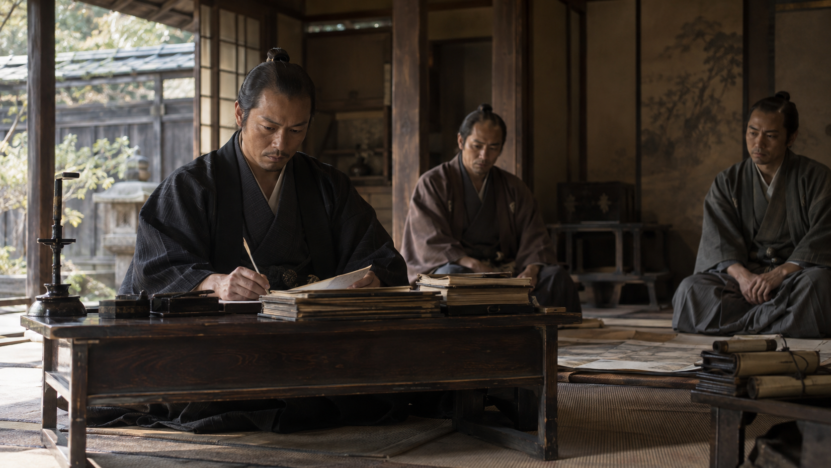机で筆を執る架空の武士とその周囲の人々。指導の仕事を表す創作再構成