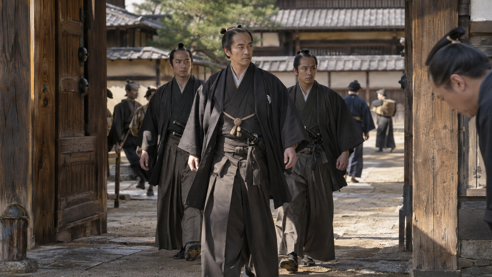 門を通る架空の武士たち。役所へ出向く仕事を想起した創作情景