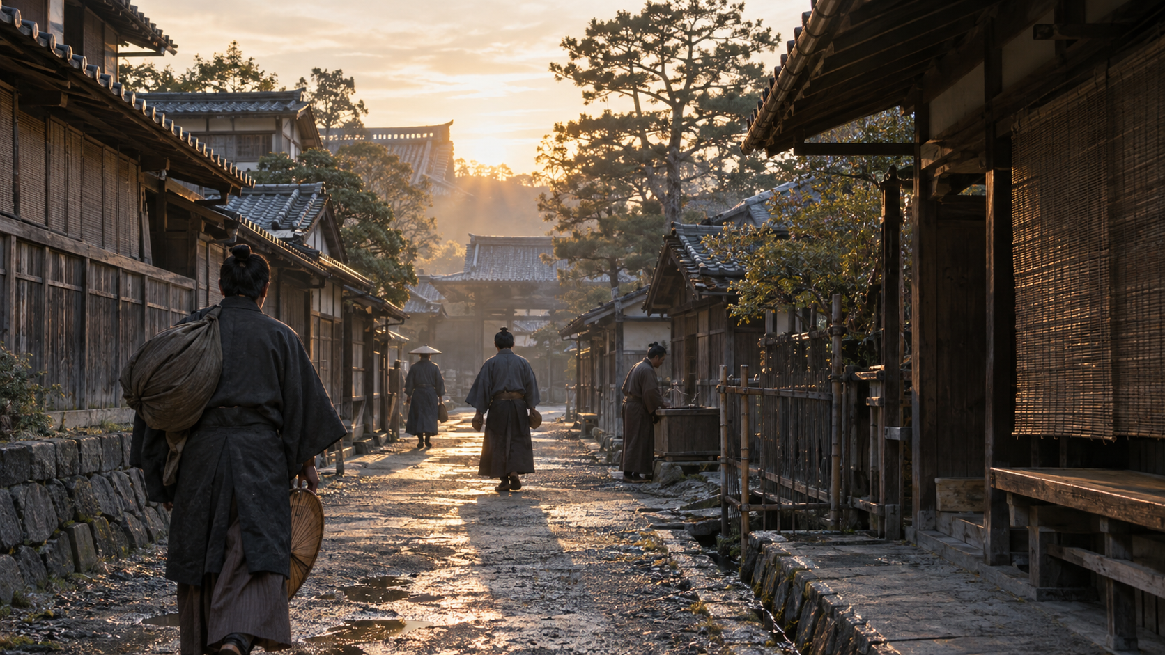 夕方の町並みを歩く人々。壬生に続く記憶を想起した創作再構成