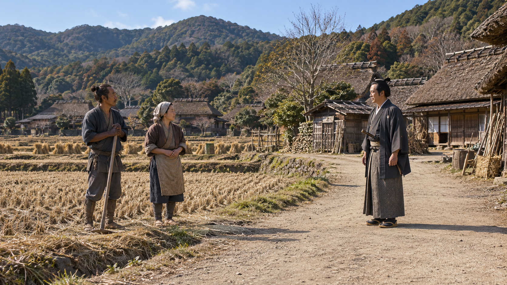田畑に沿う道で向かい合う匿名の大人たちの創作情景