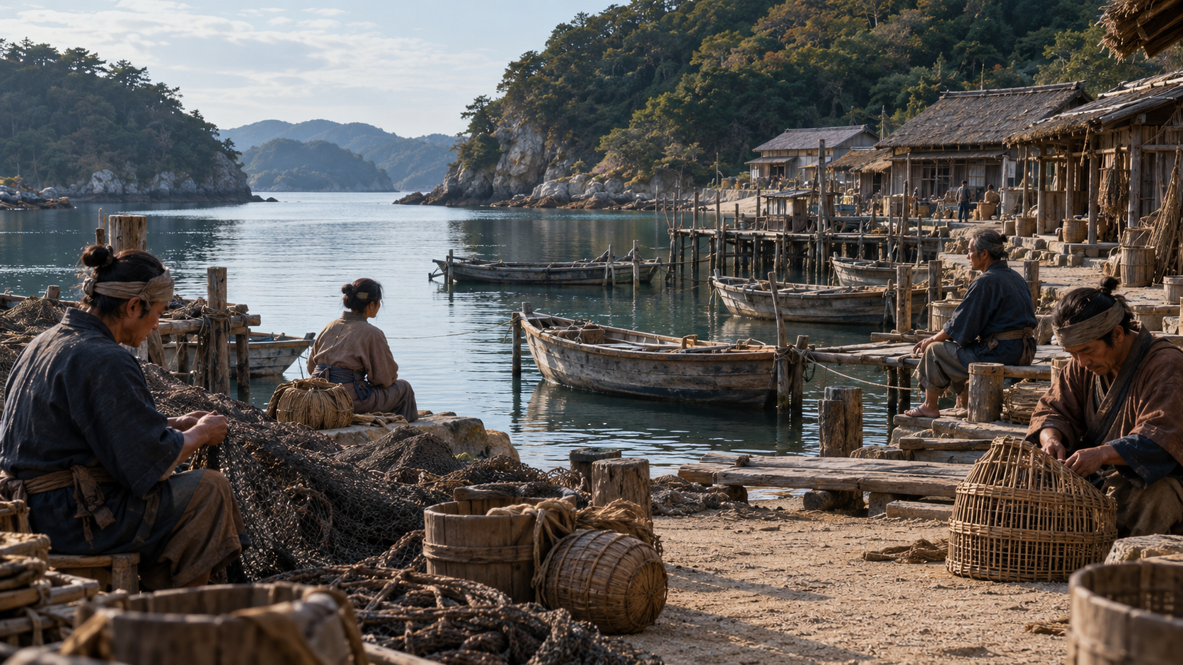 網や舟のある海沿いの作業小屋と匿名人物の創作情景