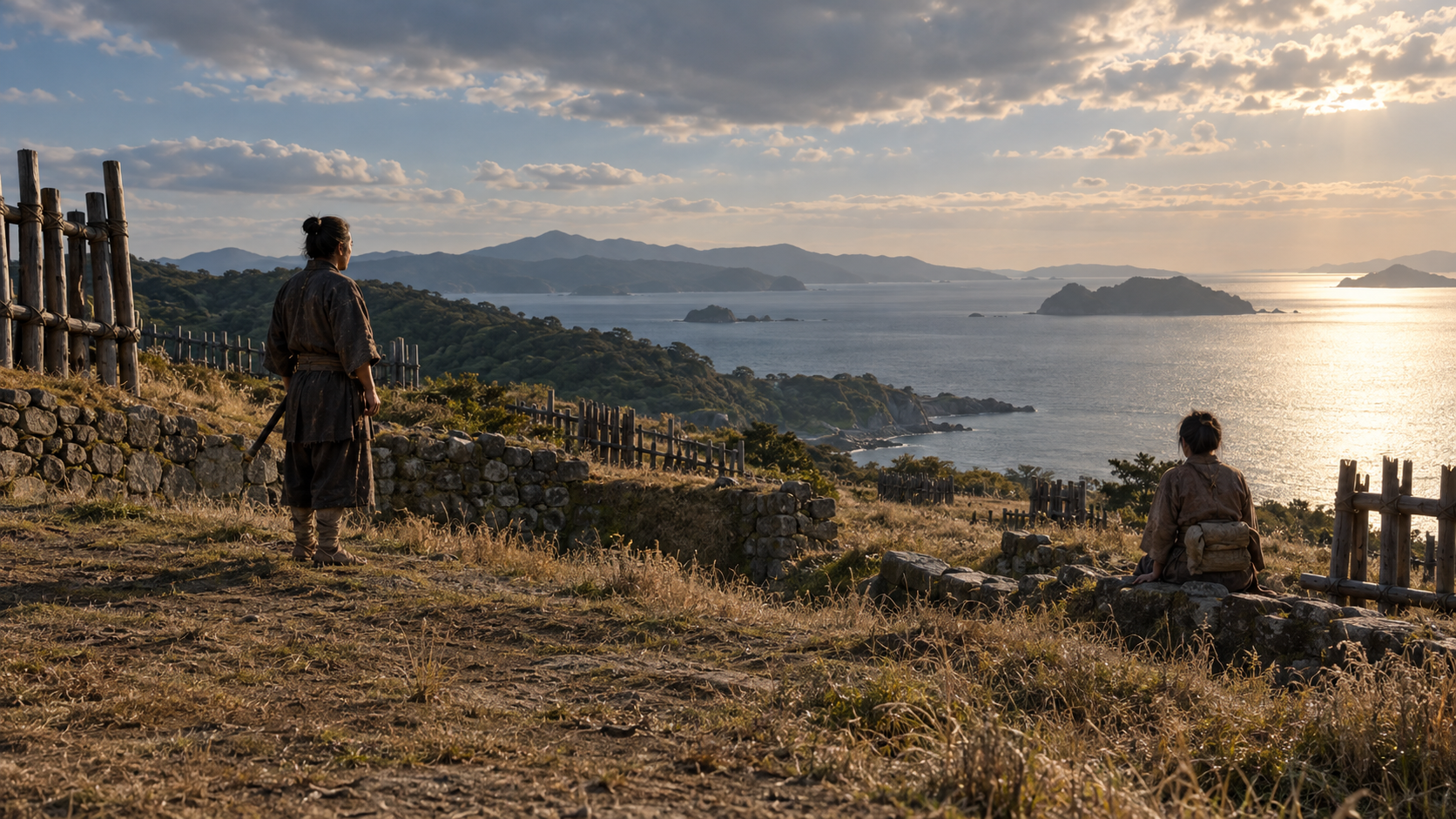 海を望む低い石垣と木柵のそばに立つ匿名人物の創作情景