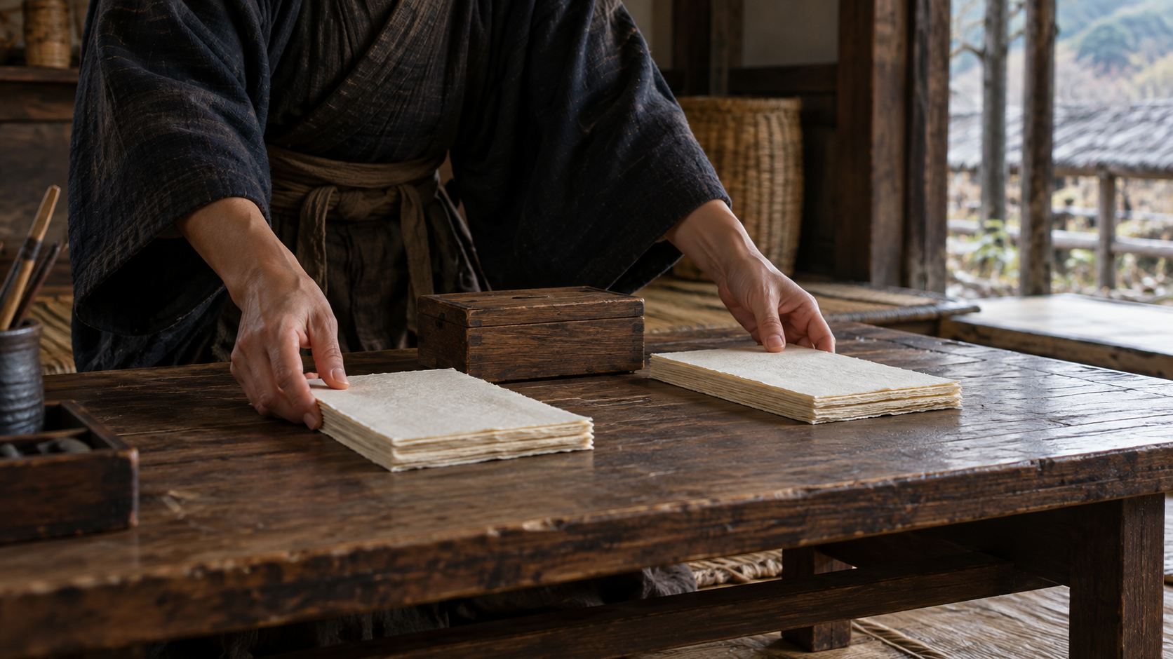 机の上の紙束と木箱に手を添える匿名人物の創作静物