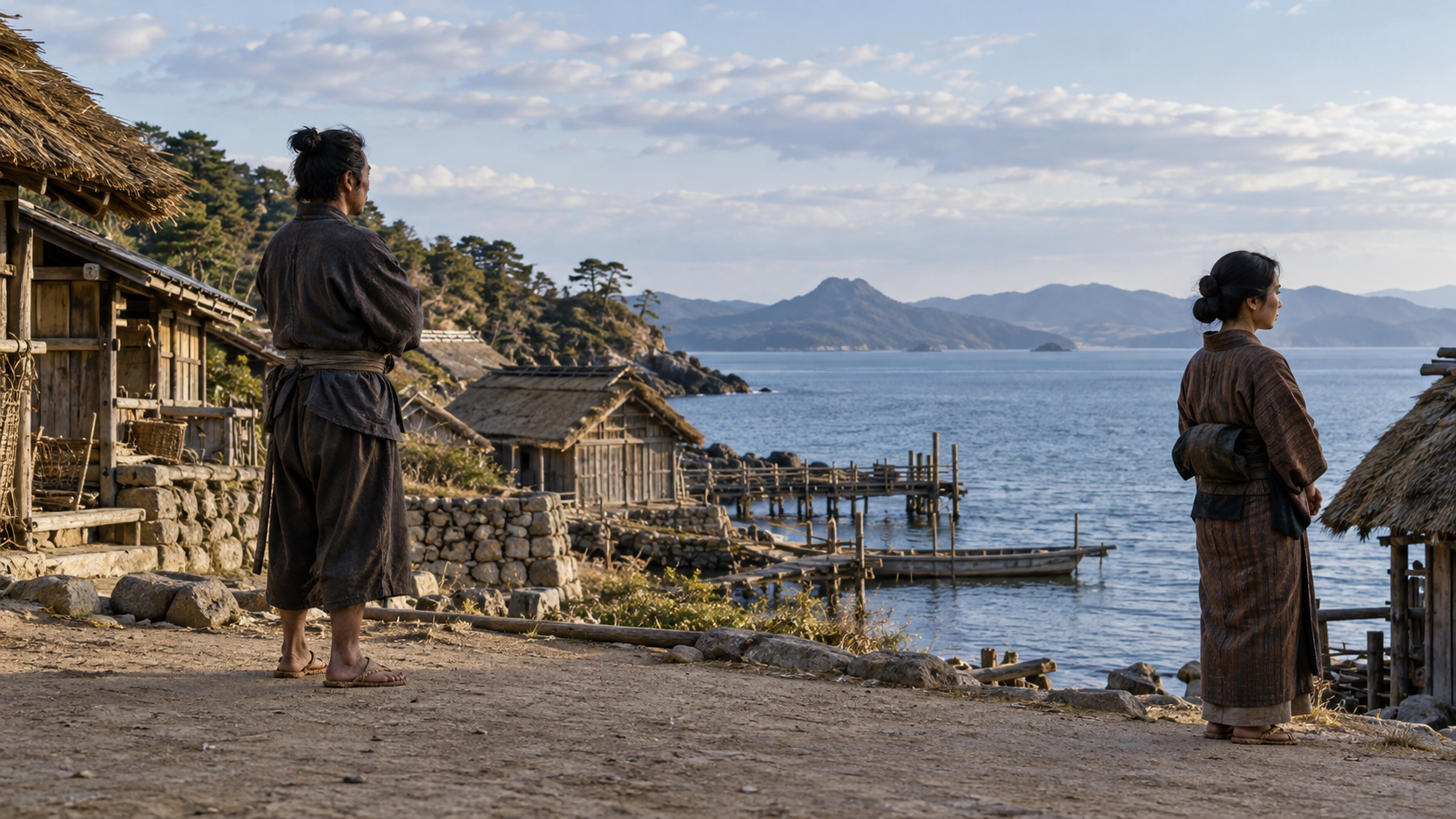 海辺の木造の集落から海を見渡す匿名人物二人の創作情景