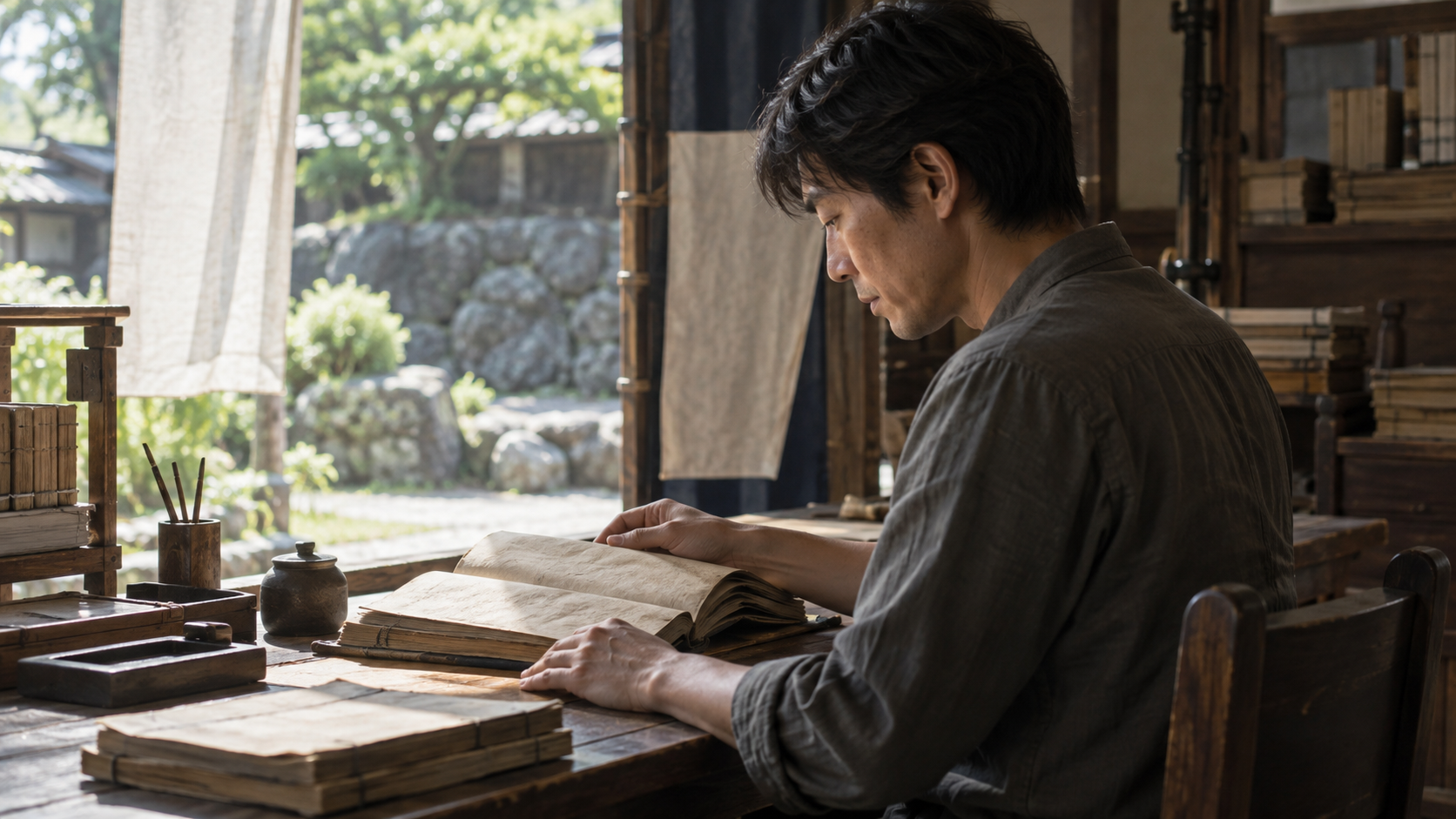 本を読む現代の架空の読者。真正の文書や刊本の複製ではない