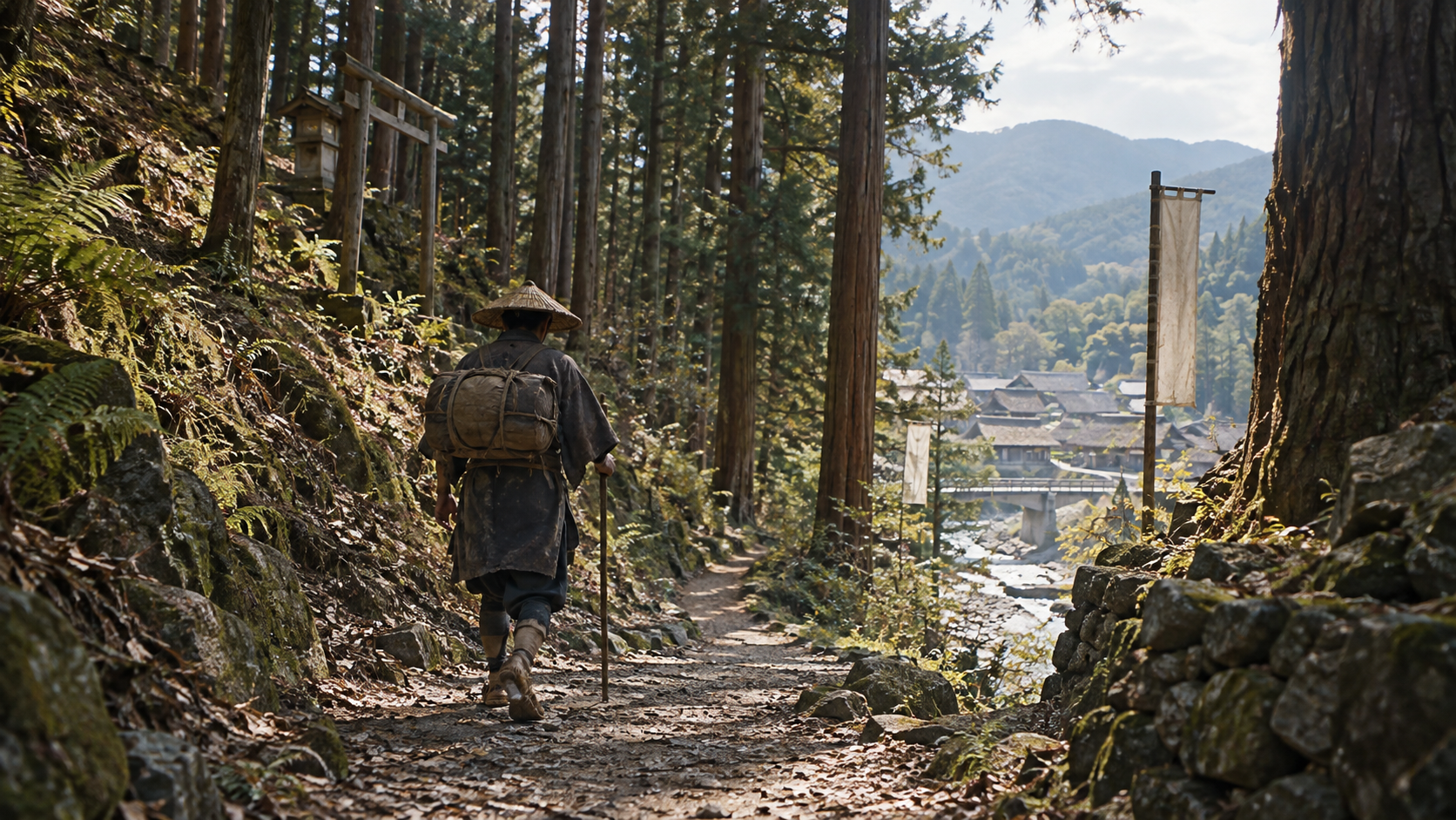 一人で道を進む架空人物。禰寝重張の肖像や捕縛場面ではない