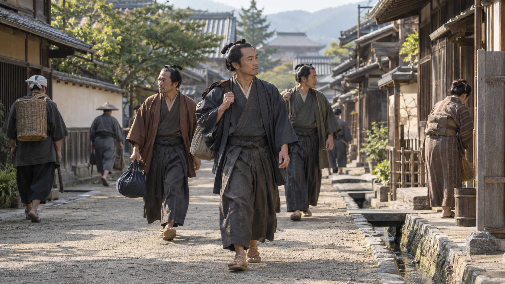 京都の町へ到着する匿名の旅人を描いた概念情景