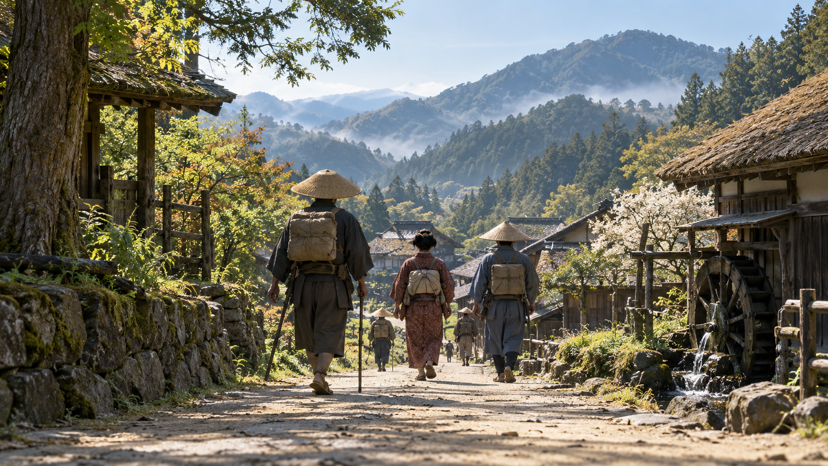 内陸の街道と一般の旅人を描いた概念風景