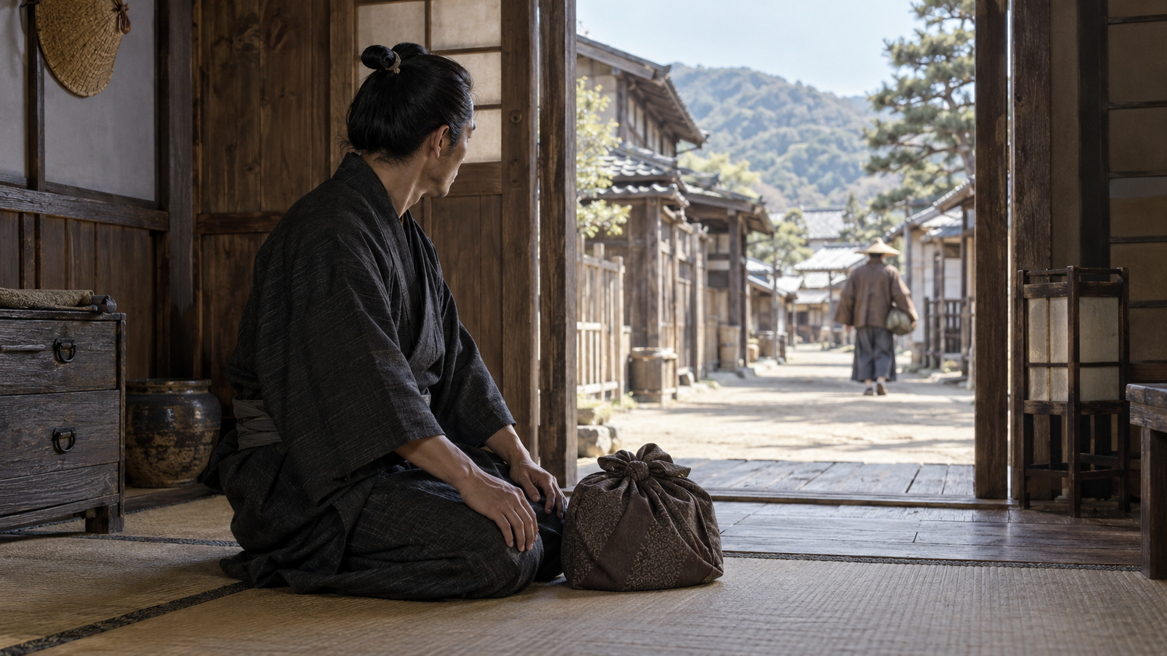 宿所の入口にとどまる匿名の旅人を描いた概念情景